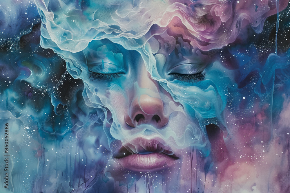 Abstract portrait of a woman's face emerging from swirling cosmic clouds, evoking a sense of mystery and otherworldly beauty in a surreal, artistic depiction Abstract portrait of a woman's face emerging from swirling cosmic clouds, evoking a sense of mystery and otherworldly beauty in a surreal, artistic depiction