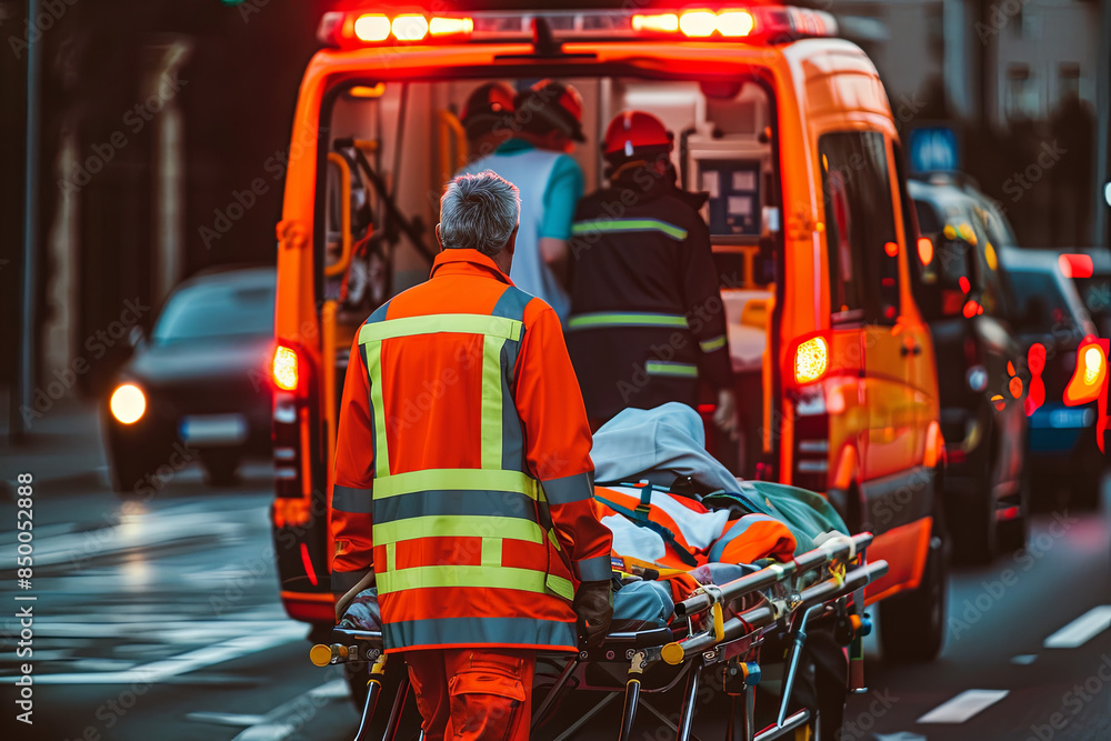 Paramedics transporting an emergency patient on a stretcher to the ambulance Paramedics transporting an emergency patient on a stretcher to the ambulance