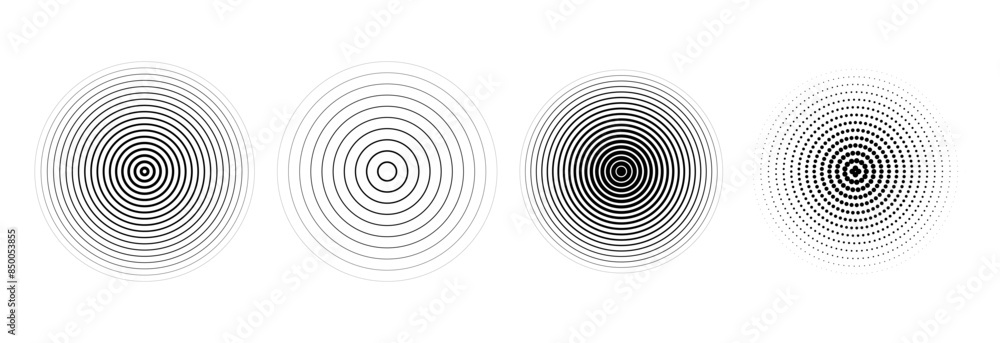 Black radial circle set. Sonar or sound wave ring collection. Halftone and linear epicentre, target, radar icon concept. Ripple concentric signal or vibration elements. Vector line and dotted symbols