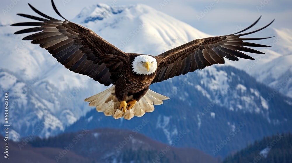 Naklejka premium A bald eagle, its wings outstretched, soaring effortlessly above a snow-capped mountain peak, 