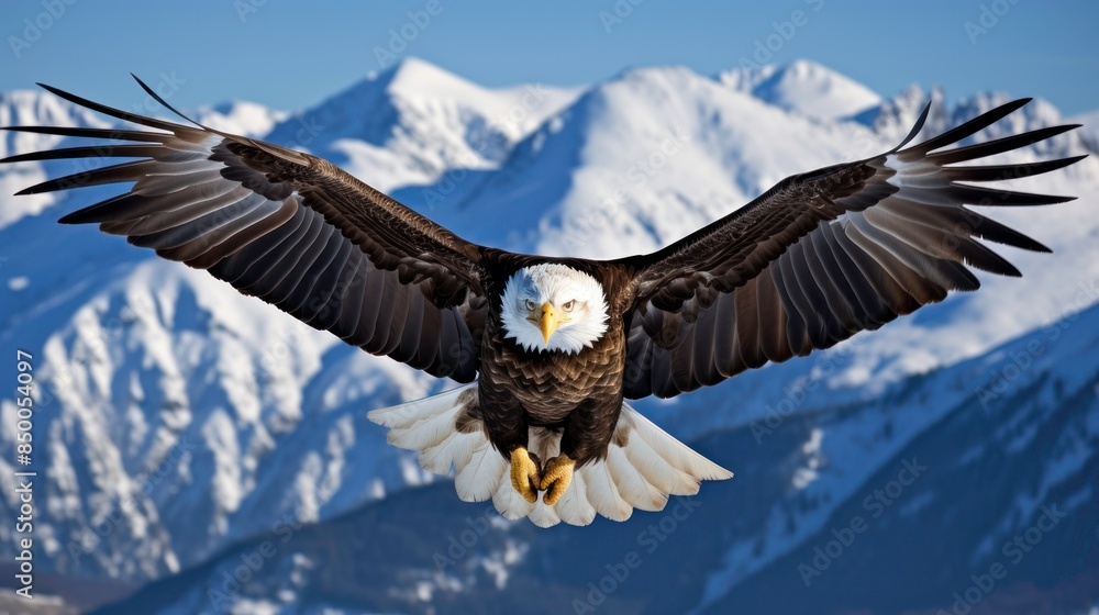 A bald eagle, its wings outstretched, soaring effortlessly above a snow-capped mountain peak, A bald eagle, its wings outstretched, soaring effortlessly above a snow-capped mountain peak,