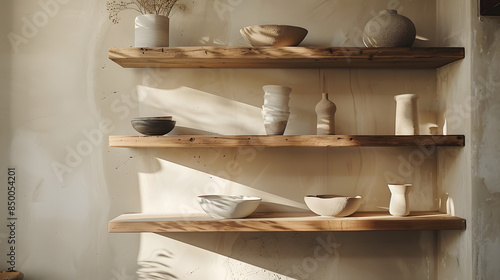 A shelf full of pottery with a variety of shapes and sizes photo