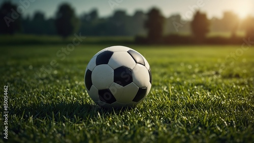 A black and white soccer ball is sitting on green grass.