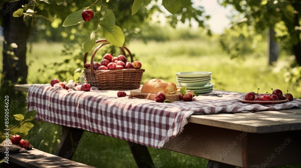 wooden picnic table under a shady tree, 