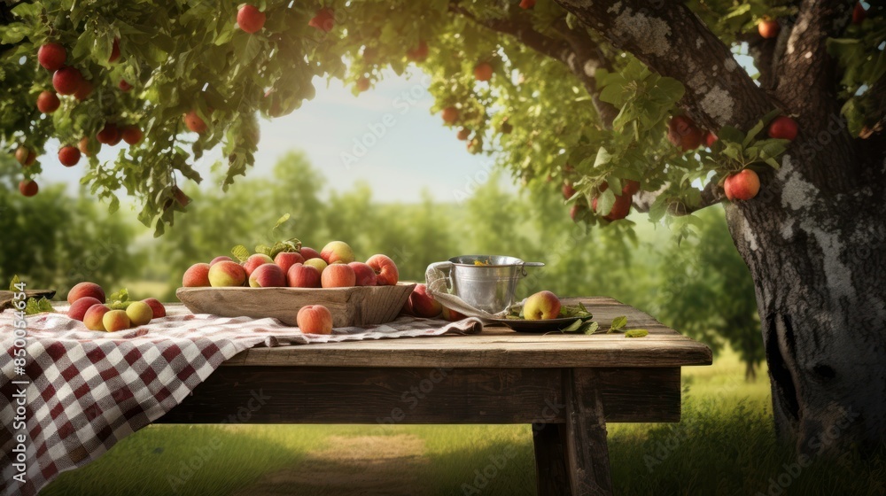 Fototapeta premium wooden picnic table under a shady tree, 