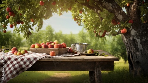 wooden picnic table under a shady tree,  photo