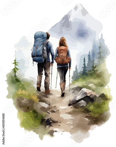 Couple man and woman hikers tourists in trekking clothes are walking in mountains	