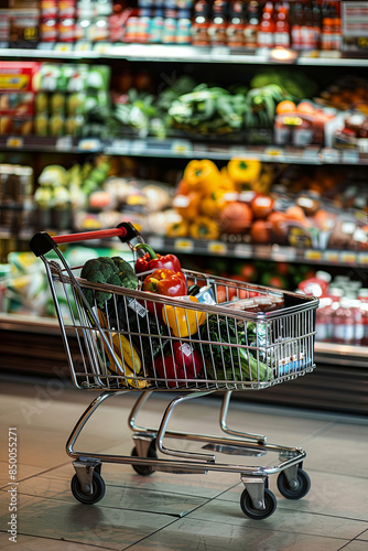 Supermarket shopping cart filled with groceries in front of store shelves