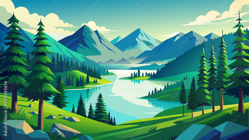 Beautiful panoramic view of the lush summer forest with spruce and pine trees, mountains, and lake Beautiful panoramic view of the lush summer forest with spruce and pine trees, mountains, and lake