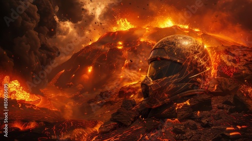 Weathered helmet surrounded by a fiery volcanic eruption, molten lava and a raging firestorm, intense and dramatic scene