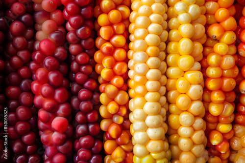 Close-up of multicolored corn cobs, showcasing the vibrant, natural beauty and diversity of autumn harvest in rich, warm hues