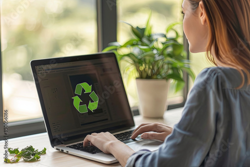 Businesswoman displaying a recycling icon on her laptop screen, promoting environmental responsibility in the workplace photo