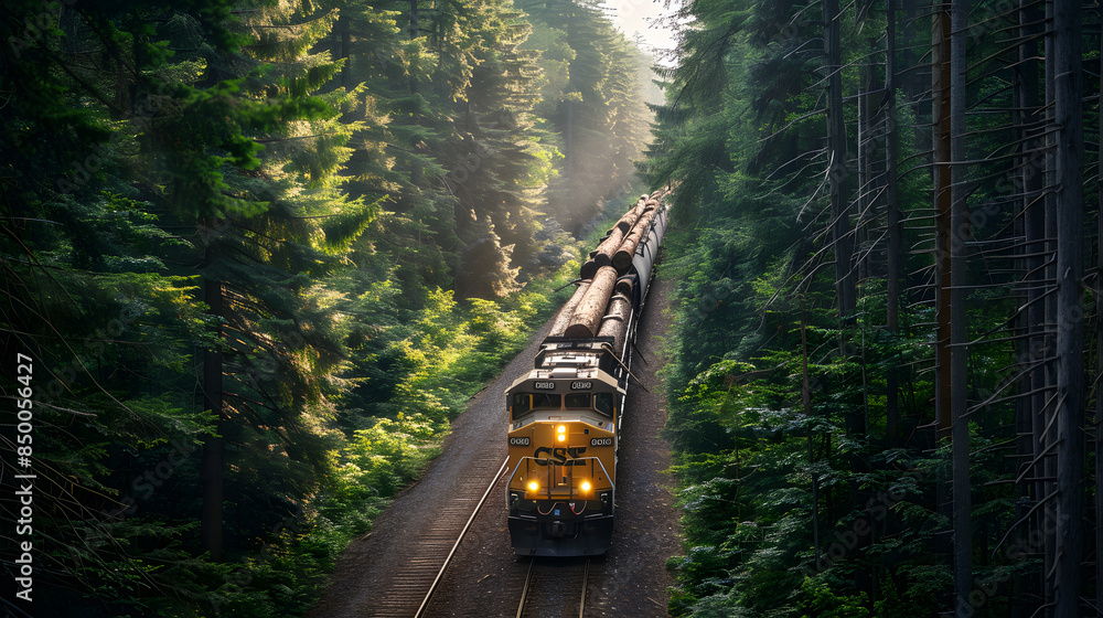 Fototapeta premium A train is traveling through a forest with trees and logs on the tracks