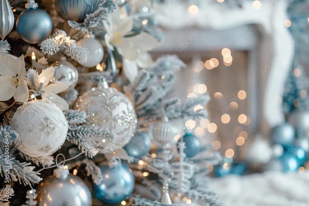 Elegant Christmas tree decorated with blue and white ornaments, set against a cozy, festive indoor backdrop, capturing the warmth and joy of the holiday season Elegant Christmas tree decorated with blue and white ornaments, set against a cozy, festive indoor backdrop, capturing the warmth and joy of the holiday season