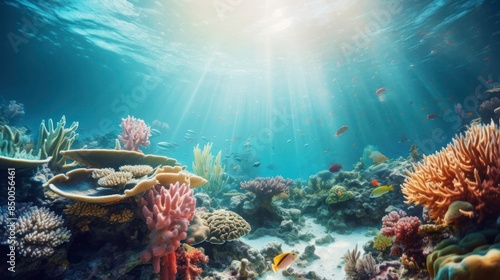 underwater world filled with colorful coral reefs, tropical fish, 