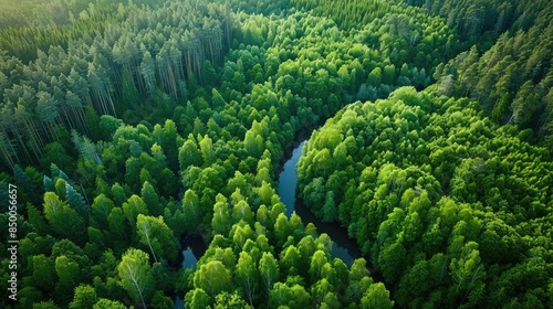Aerial view of a lush green forest with a winding river, showcasing the beauty of nature and scenic landscapes.