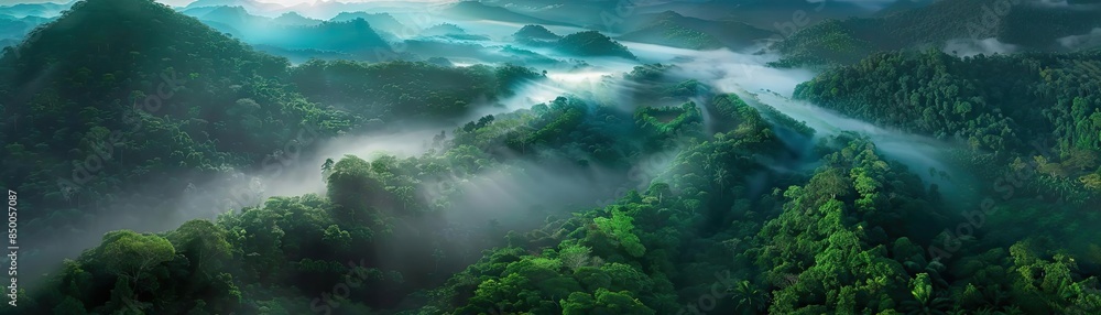 Aerial view of lush green mountain landscape with misty clouds, capturing the serene beauty of nature in a tropical forest environment. Aerial view of lush green mountain landscape with misty clouds, capturing the serene beauty of nature in a tropical forest environment.