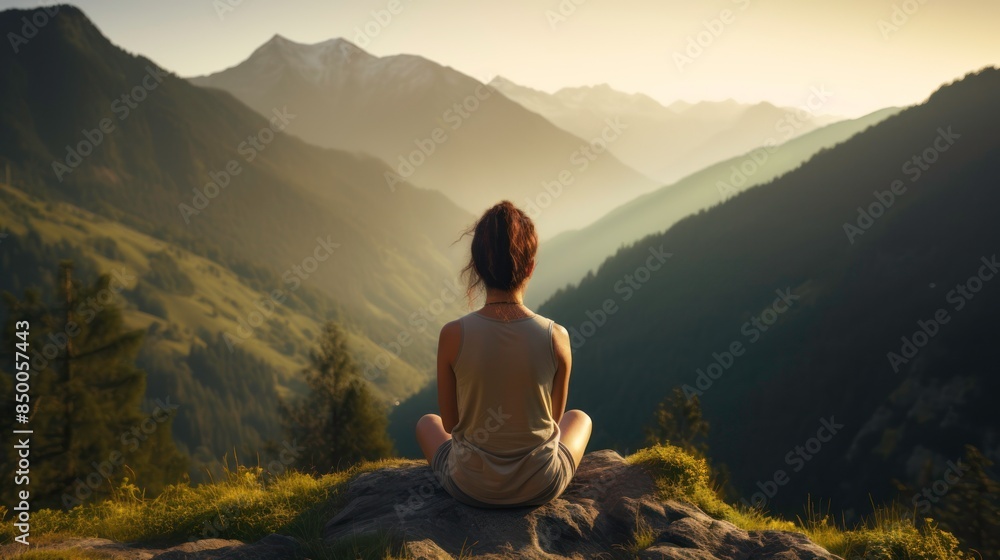 back view of woman is relaxingly practicing meditation yoga at top of mountain, woman with yoga back view of woman is relaxingly practicing meditation yoga at top of mountain, woman with yoga