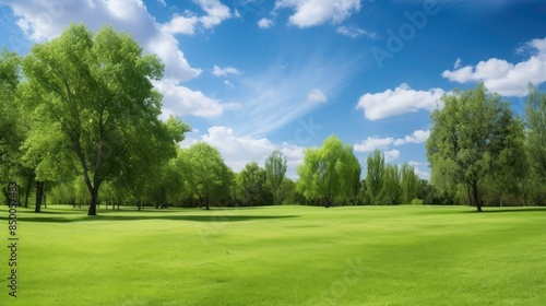 spring nature with a neatly trimmed lawn surrounded by trees 