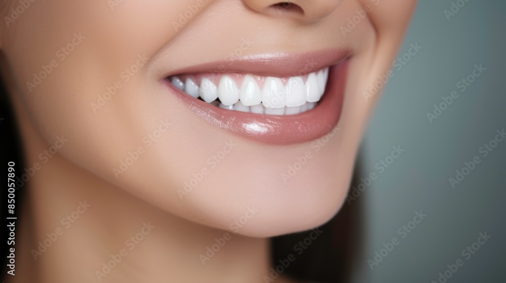 Fototapeta premium Closeup portrait woman smiling with perfect smile and white teeth 