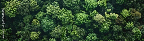 Aerial view of lush green forest canopy showcasing dense foliage, perfect for nature or environmental themes in stock photography. © Jiraporn