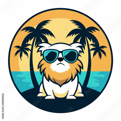 Pekingese dog wearing black sunglasses on the beach with palm trees, round logo, isolated on white background, 2d cel-shaded flat vector cartoon clipart with clean outlines