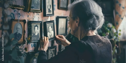 Woman hangs old family photos on wall to trace ancestors using DNA. Concept Ancestry Trace, DNA Testing, Family Heritage, Genealogy Research, Vintage Photographs photo