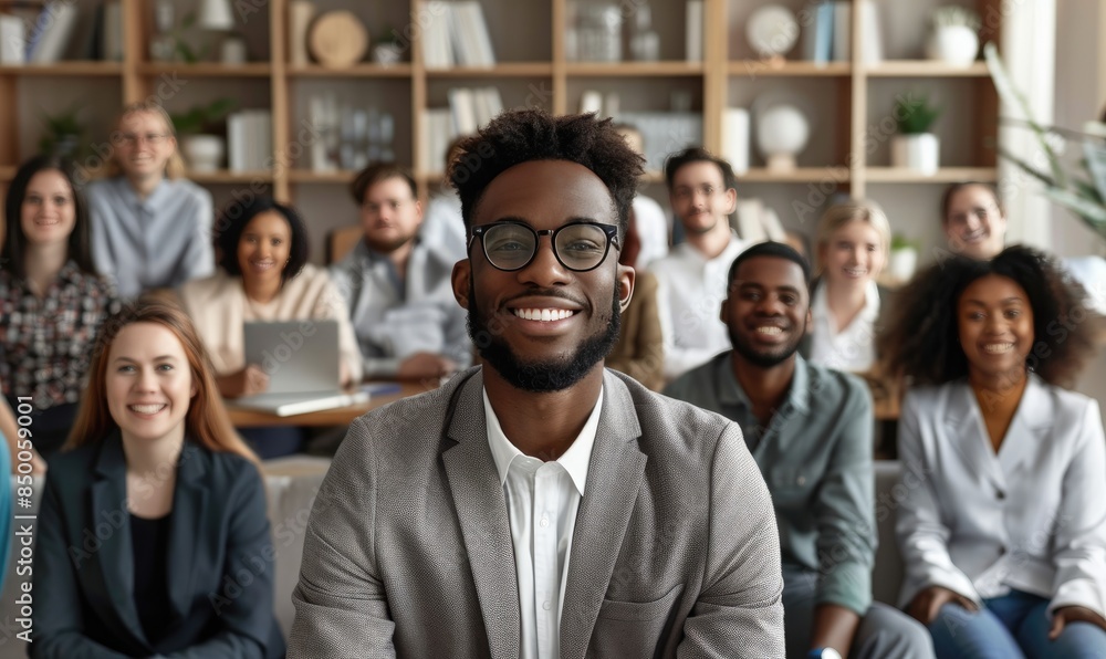 Smiling diverse team in a modern office setting. Group of happy professionals brainstorming and collaborating together. Smiling diverse team in a modern office setting. Group of happy professionals brainstorming and collaborating together.