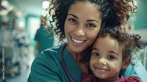 Smiling nurse with child in hospital setting, showcasing care, compassion, and trust in a medical environment.