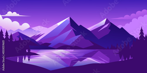 A charming depiction of a mountain range and river captures the essence of the serene natural scenery.