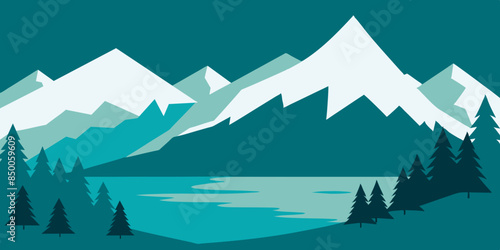 A charming depiction of a mountain range and river captures the essence of the serene natural scenery.