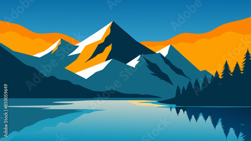 A charming depiction of a mountain range and river captures the essence of the serene natural scenery.