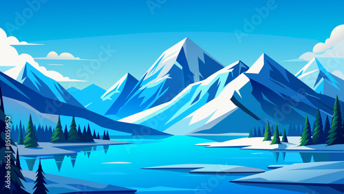 A charming depiction of a mountain range and river captures the essence of the serene natural scenery.