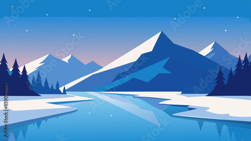 A charming depiction of a mountain range and river captures the essence of the serene natural scenery.