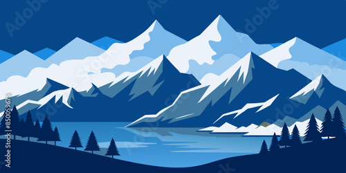 A charming depiction of a mountain range and river captures the essence of the serene natural scenery.