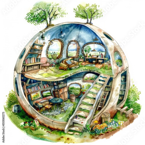 Watercolor painting of a utopian community living inside a colossal dome structure, on isolated white background, Generative AI photo