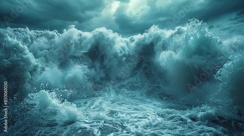 Glacial lake outburst flooding a valley, powerful water surge with chunks of ice, open area for copy Glacial lake outburst, flood surge, valley flooding, dramatic water