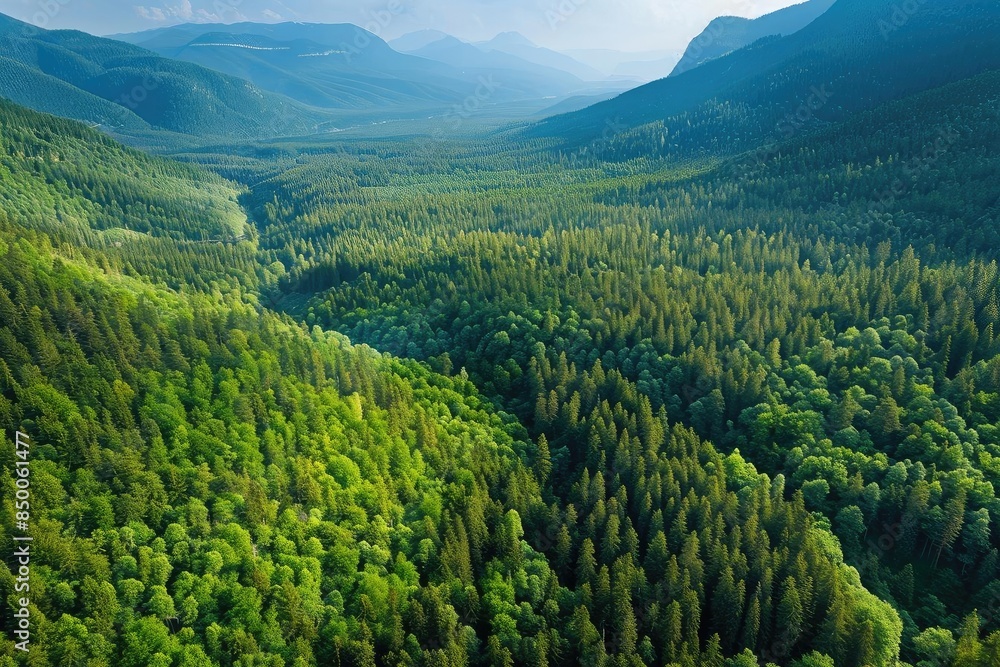 Fototapeta premium Aerial view of lush green forest and winding river surrounded by mountains, showcasing natural beauty and serene landscape.