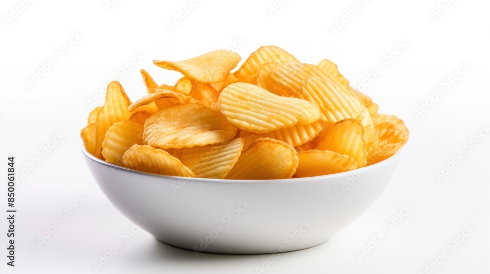 potato chips in bowl on white background potato chips in bowl on white background