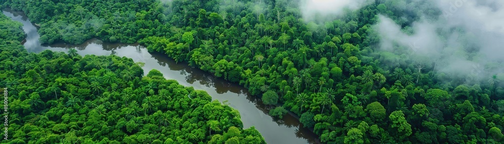 Aerial view of a winding river through a lush green rainforest with low clouds above, showcasing nature's untouched beauty and serenity. Aerial view of a winding river through a lush green rainforest with low clouds above, showcasing nature's untouched beauty and serenity.