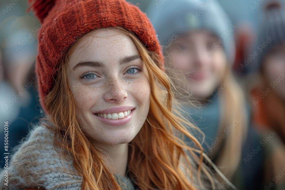 A young woman wearing a yellow bean hat and waterproof coat is smiling while looking at the beautiful natural view of mountains. A young woman wearing a yellow bean hat and waterproof coat is smiling while looking at the beautiful natural view of mountains.
