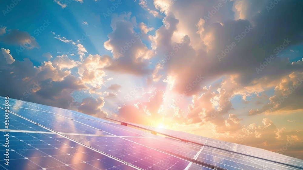 Solar panels against a bright animated cloud sky background. Solar panels against a bright animated cloud sky background.