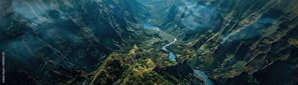 A breathtaking aerial view of a misty mountain range with lush green valleys and dramatic peaks under a cloudy sky. A breathtaking aerial view of a misty mountain range with lush green valleys and dramatic peaks under a cloudy sky.