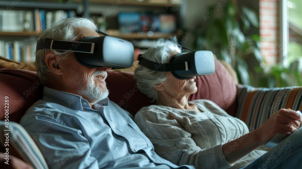 expressive married couple of pensioners wearing virtual reality glasses sitting on the sofa at home enjoying games and entertainment expressive married couple of pensioners wearing virtual reality glasses sitting on the sofa at home enjoying games and entertainment