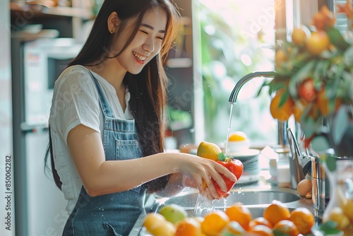 A woman thoroughly washing fresh vegetables, a scene conveying health and well-being, suitable for an abstract concept background or wallpaper best-seller photo
