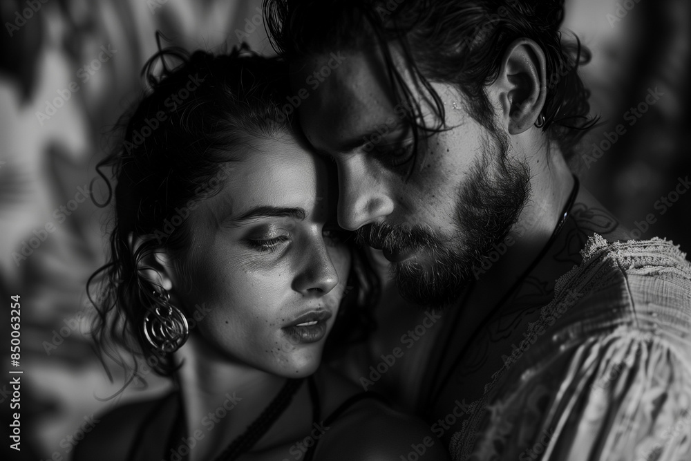 Intense black and white portrait of a couple in a close embrace, their deep connection and raw emotions vividly captured, creating a dramatic and evocative scene Intense black and white portrait of a couple in a close embrace, their deep connection and raw emotions vividly captured, creating a dramatic and evocative scene