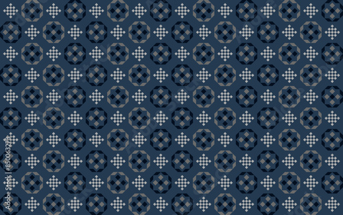 Geometric seamless pattern with octagon square and checker in light gray and dark blue on indigo blue background. Vector illustration, for masculine shirt lady dress fabric textile cover decoration