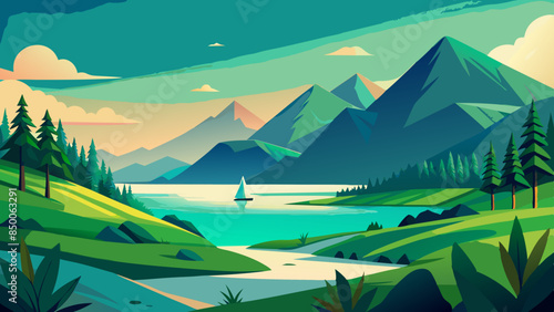 Summer vibe illustration with green mountain and lake 