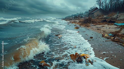 Hurricanedamaged beach with debris scattered, high waves under a stormy sky, clear space for text Hurricane aftermath, beach debris, coastal disaster photo