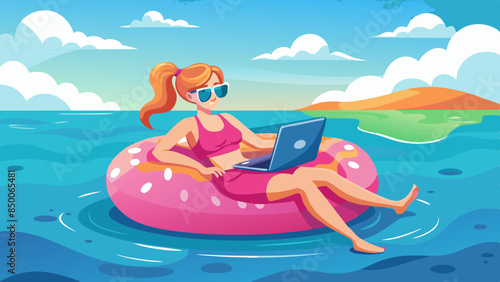 Independent woman in sunglasses floating on a big inflatable pink donut with a laptop in the sea. Rest Lifestyle Concept vector illustration